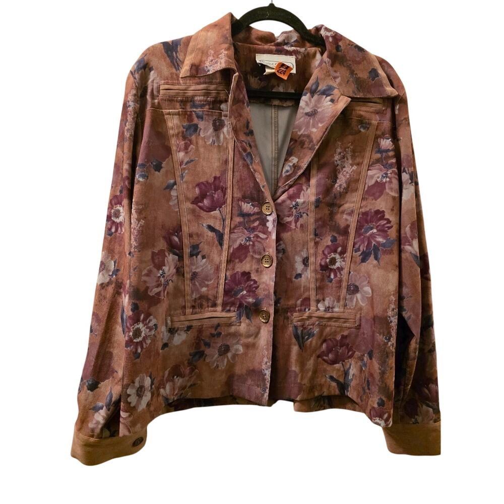 Vtg Velvet Floral Button Front Blazer Jacket Faux Suede Brown/Green Womens L USA
